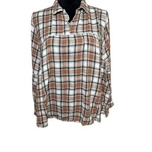 Brown, White & Black Flannel Swing Top | 100% Cotton | Sz L